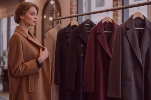 Donna osserva diversi tipi di cappotto in negozio: un modello cammello, nero, bordeaux e grigio scuro.