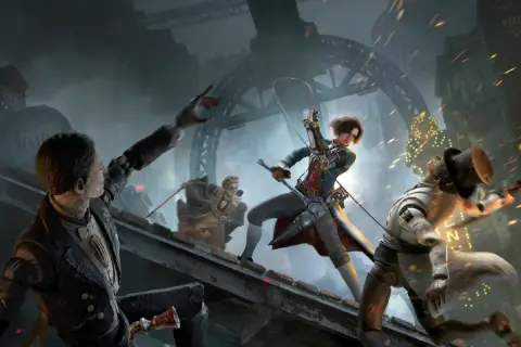 Kobieta z łukiem walczy z mechanicznymi przeciwnikami w klimacie steampunk. To scena jak z gier triple a.