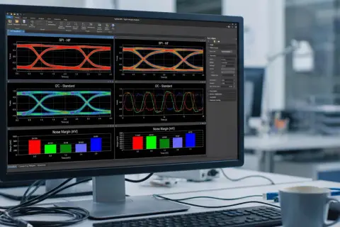 Analiza sygnałów SPI i I2C na ekranie komputera, z wykresem "oczek oczu" i słupkowym wykresem marginesów szumu.