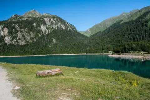 Paisaje sereno de los lagos de Ayous, con montañas cubiertas de pinos y un lago turquesa.