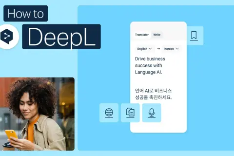 Kobieta z telefonem w ręku korzysta z translatora DeepL, który tłumaczy tekst z angielskiego na koreański, pomagając w rozwoju biznesu.