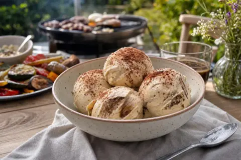 Un délicieux tiramisu glacé saupoudré de cacao, prêt à être dégusté après un barbecue estival.