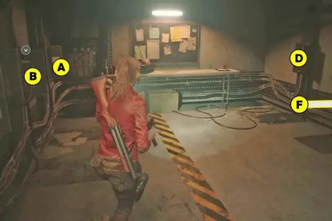 Claire w czerwonej kurtce w Resident Evil 2 poradnik, obok tablicy z notatkami i oznaczeń A-F.