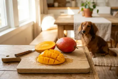 Słodki mango dla psa, pokrojony w kostkę na desce, obok całego owocu. W tle siedzi jamnik.