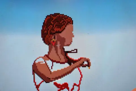 Retrato de mujer en dibujos pixel art, con cabello rizado y aretes rojos, sosteniendo un objeto dorado.