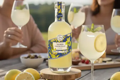 Flasche Ingwer-Limoncello mit Gläsern, Zitronen und Minze auf Holztisch.