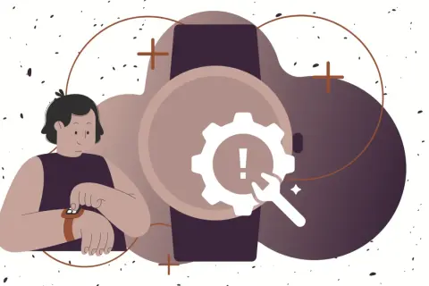 Osoba sprawdza swój smartwatch, który sygnalizuje problem. Ikona koła zębatego i wykrzyknika sugeruje potrzebę naprawy lub konfiguracji smart connect.