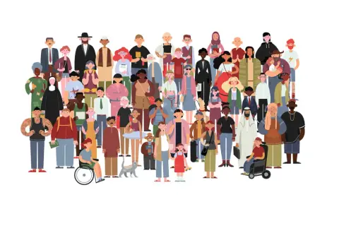 Bunte, heterogene gruppen von Menschen aller Altersgruppen, Ethnien und Berufe stehen zusammen.