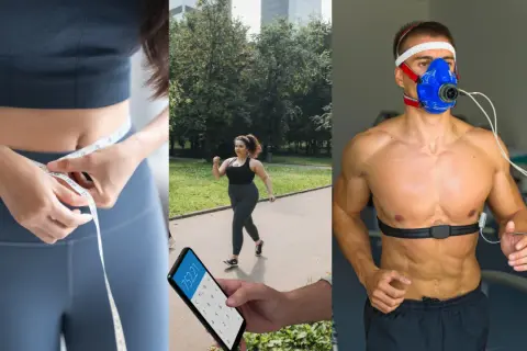 Mätning av midjemått, löpning i parken och en man som genomgår ett konditionstest. Kanske en tabell för cooper test 3 km?