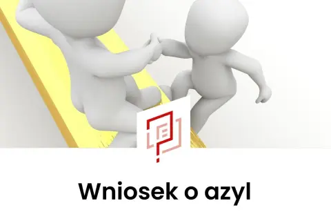 Dwóch białych ludzików podaje sobie ręce, symbolizując pomoc i wsparcie. To obrazuje, co to jest azyl – bezpieczne schronienie.