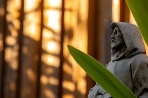Kamienna figura patronki zwierząt, św. Franciszka, w kapturze, na tle ciepłego, rozmytego światła.