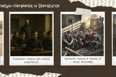 Cztery obrazy: dziewczynka na stacji, uczniowie w klasie, harcerze w ruinach, mężczyzna w żałobie.