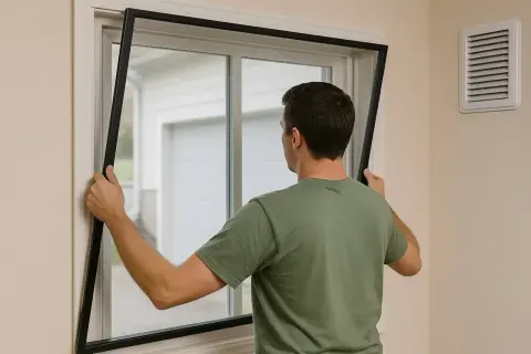 Hombre instala un marco para ventanas insonorizadas, mejorando el aislamiento acústico del hogar.