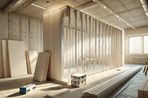 Estructura metálica para tabiques de pladur, mostrando la distancia entre montantes. Materiales de construcción apilados y una escalera.