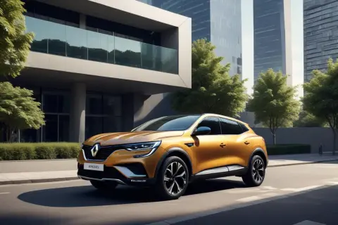 En gyllene Renault Arkana testkörs längs en stadsgata, med moderna byggnader och gröna träd i bakgrunden.