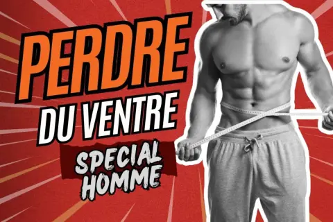 Homme mesurant sa taille, texte "Perdre du ventre spécial homme". Un exercice pour perdre du ventre est présenté.