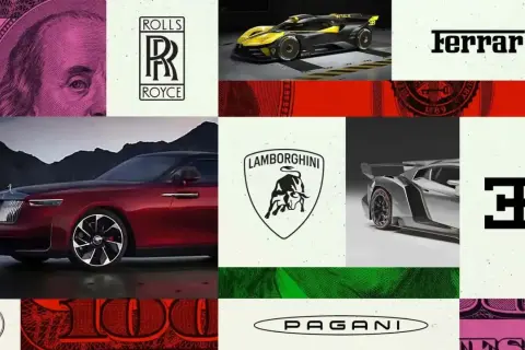 Un collage di auto di lusso e loghi di marche costose: Rolls-Royce, Ferrari, Lamborghini, Bugatti, Mercedes, Pagani.