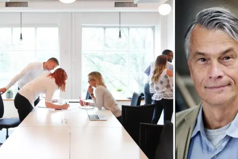 Mötesrum med folk som diskuterar, en del verkar fastna i funktionell dumhet. Till höger en man med grått hår.