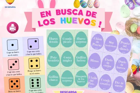 Tablero de juego para buscar huevos de Pascua con dados y cartas de retos como "Conejo picaresco" o "Duelo de orejas".