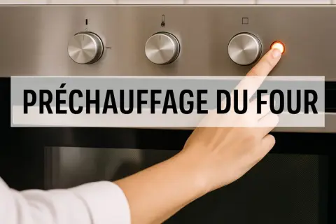 Une main appuie sur le bouton d'un four, indiquant le préchauffage du four.