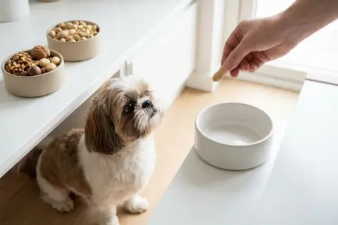 Czy pies może jeść orzeszki ziemne? Shih tzu z nadzieją patrzy na rękę podającą mu orzeszka.