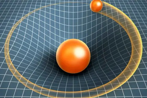En stor orange sfär böjer ett rutnät, som illustrerar einsteins relativitetsteori. En mindre sfär följer krökningen.