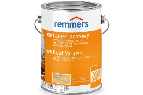 Puszka lakieru jachtowego Remmers. Bezbarwny lakier do drewna, idealny do malowania łodzi.