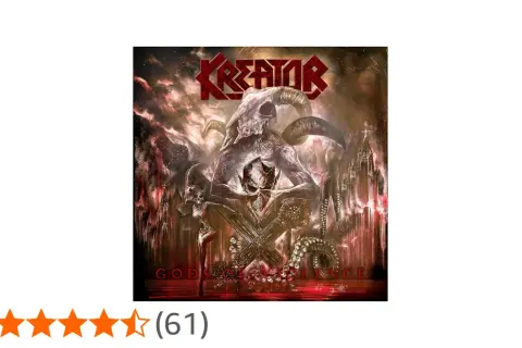 Okładka albumu Kreator "Gods of Violence" z mroczną, demoniczną postacią i czaszkami.