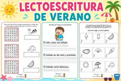 Actividad de vocabulario verano infantil: sopa de letras, escritura de frases y autodilactado con dibujos veraniegos.