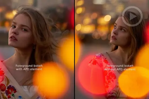 Split image shows a woman's portrait with and without foreground bokeh. The left side features bokeh with an APD element, while the right side shows bokeh without it, highlighting the effect of bokeh lenses.