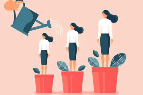 Een gieter geeft water aan drie vrouwen in potten, die groeien van klein naar groot. Dit is het tegenovergestelde van spontaan; het is geplande groei.