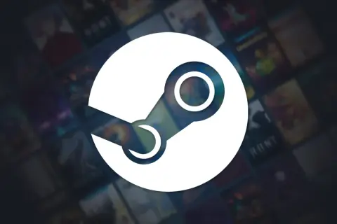 Białe logo Steam na tle okładek gier.