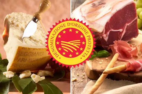 Parmesan und Prosciutto, zwei Köstlichkeiten des dop italien. Ein Genuss für Gaumen und Augen.