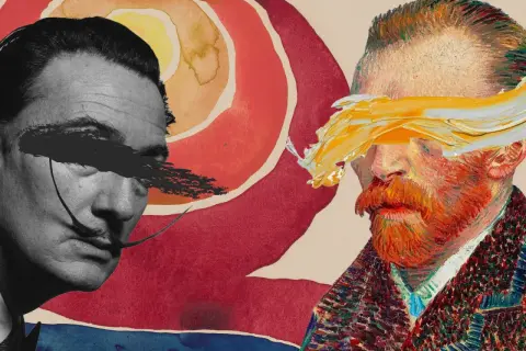 A surreal collage featuring Salvador Dalí and Vincent van Gogh, artists like Van Gogh, with abstract paint strokes obscuring their eyes against a vibrant, sun-like background.