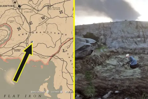Mapa RDR2 wskazuje miejsce poszukiwań kości dinozaurów. Postać w kapeluszu kopie w ziemi.