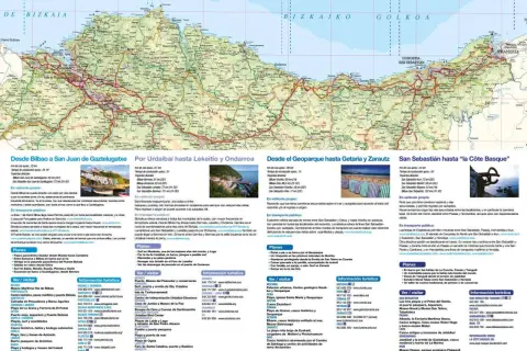 Mapa de la **ruta costa vasca en coche**, detallando trayectos, transporte público y planes turísticos desde Bilbao hasta San Sebastián y la "Côte Basque".