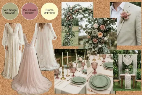 Inspiration déco mariage bohème à faire soi-même : robes fluides, arche florale, table dressée, macramé. Palette douce : vert sauge, vieux rose, crème.