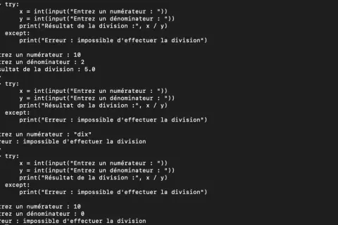 Exemple de code Python pour gérer les erreurs de division. Le programme tente de diviser deux nombres, mais échoue si l'entrée n'est pas un nombre ou si le dénominateur est zéro.