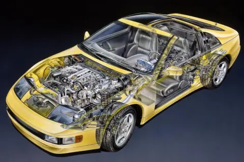 Schnittzeichnung eines gelben Nissan 300ZX, der den V6-Motor, das Interieur und das Fahrwerk zeigt.