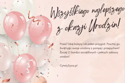 Różowe i białe balony unoszą się w powietrzu, tworząc radosną atmosferę. To idealne tło dla życzeń urodzinowych dla siostry.