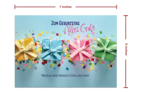 Kolorowe pudełka z prezentami i konfetti. Napis "Zum Geburtstag Alles Gute" i "Mögen all deine Wünsche in Erfüllung gehen!" to życzenia urodzinowe po niemiecku.