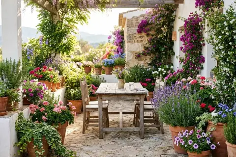 Une table en bois et des chaises invitent à la détente sur cette terrasse aménagée avec un jardin luxuriant. Des fleurs colorées et des plantes grimpantes créent un cadre idyllique.