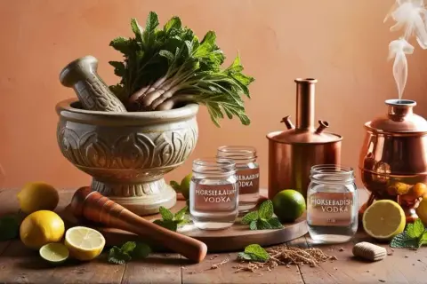 Chrzanówka wódka w słoiczkach, obok cytryny, limonki, mięty i moździerza.
