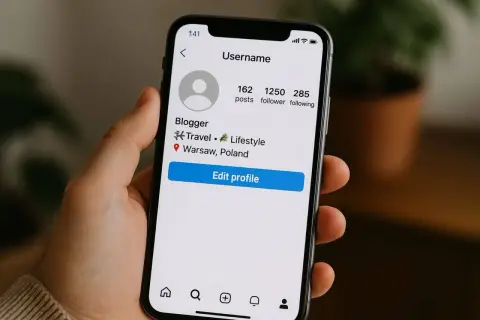 Profil blogera na Instagramie z Warszawy. Widoczna czcionka na Instagramie, statystyki postów, obserwujących i obserwowanych.