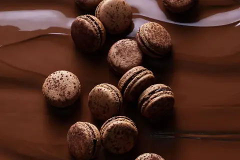 Douze macarons au chocolat, parsemés de cacao, reposent sur un lit de chocolat fondu brillant.