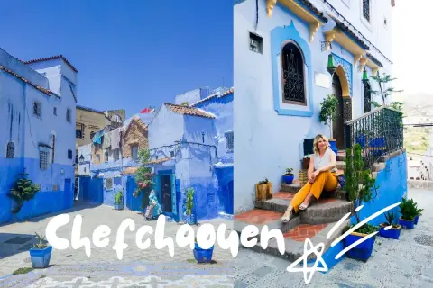 Urokliwe miasto w Maroku, Chefchaouen, zachwyca błękitem uliczek i domów. Kobieta siedzi na schodach, ciesząc się atmosferą.