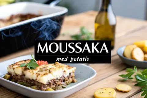 En härlig moussaka med potatis, ångande och redo att serveras. En klassiker som alltid går hem.
