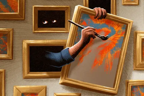 A shadowy figure with glowing eyes paints a vibrant canvas in a surreal art district.