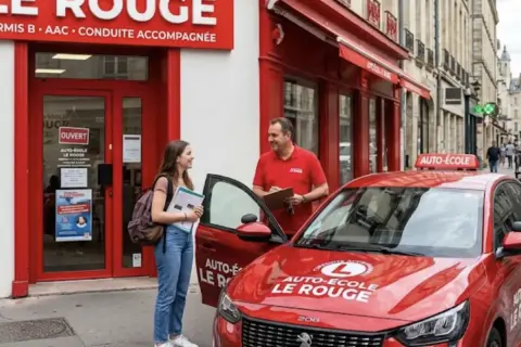Un moniteur d'auto-école discute avec une élève devant le bureau "Le Rouge". Elle tient des documents, prêt pour le transfert de dossier auto école.