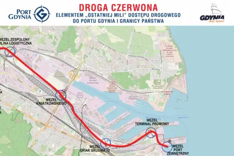 Droga czerwona, kluczowa dla dostępu do Portu Gdynia, łączy węzły: Dolina Logistyczna, Morska, Kwiatkowskiego, Terminal Promowy i Port Zewnętrzny.